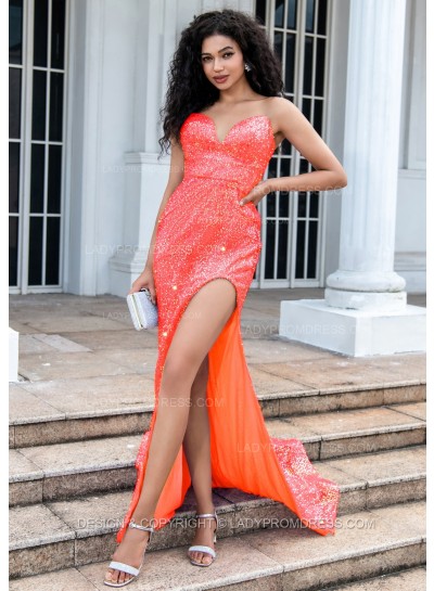 Coral A Line Sequence Side Slit Sweetheart Long Prom Dresses