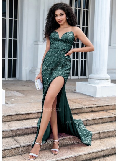Emerald A Line Sequence Side Slit Sweetheart Long Prom Dresses
