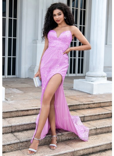 Pink A Line Sequence Side Slit Sweetheart Long Prom Dresses