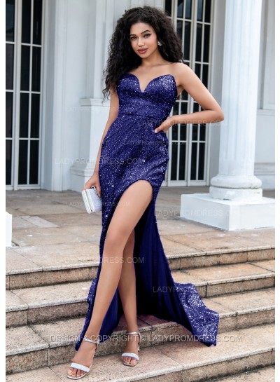 Dark Navy A Line Sequence Side Slit Sweetheart Long Prom Dresses