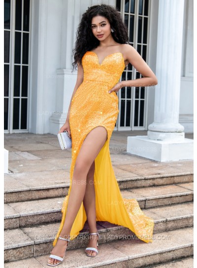 Yellow A Line Sequence Side Slit Sweetheart Long Prom Dresses
