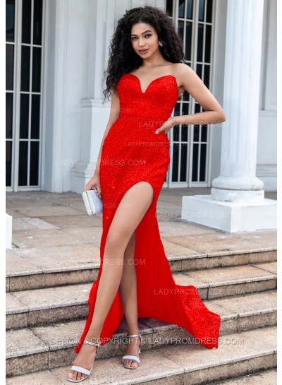 Red A Line Sequence Side Slit Sweetheart Long Prom Dresses