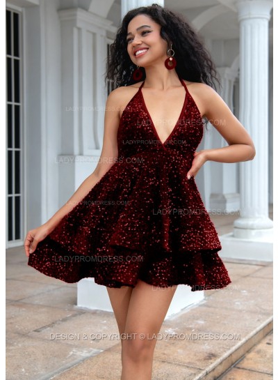Burgundy A-line Princess Sequins Halter Sleeveless Backless Red Short Party Dresses