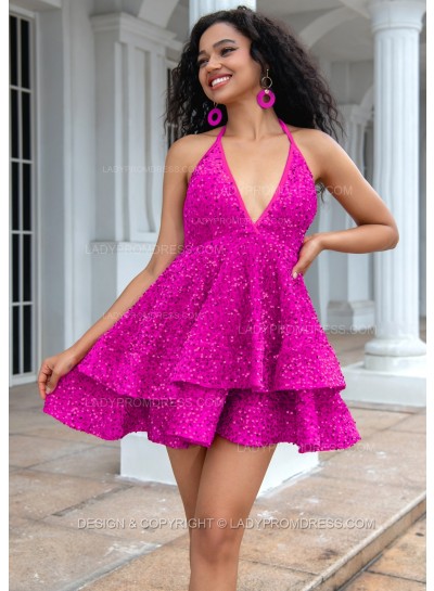 Fuchsia A-line Princess Sequins Halter Sleeveless Backless Red Short Party Dresses