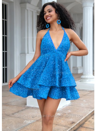 Blue A-line Princess Sequins Halter Sleeveless Backless Red Short Party Dresses