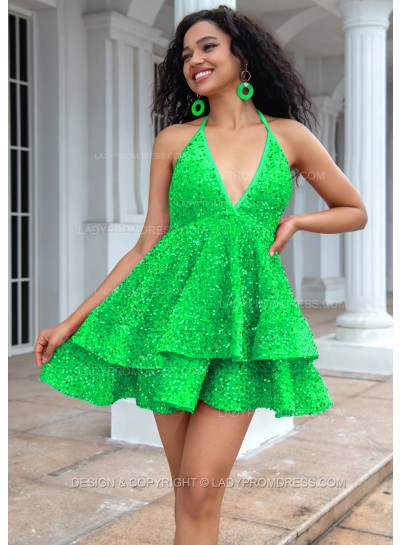 Lime Green A-line Princess Sequins Halter Sleeveless Backless Red Short Party Dresses