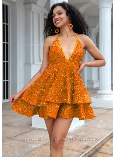 Orange A-line Princess Sequins Halter Sleeveless Backless Red Short Party Dresses