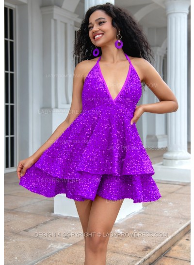 Purple A-line Princess Sequins Halter Sleeveless Backless Red Short Party Dresses