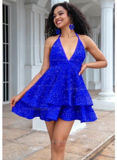 Royal Blue A-line Princess Sequins Halter Sleeveless Backless Red Short Party Dresses