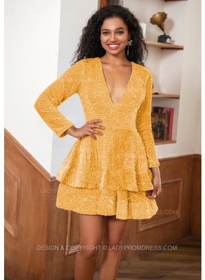 Gold A-line Princess Blue Sequins V-neck Long Sleeves Short Homecoming Dresses