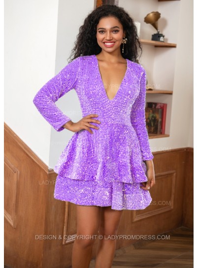 Purple A-line Princess Blue Sequins V-neck Long Sleeves Short Homecoming Dresses