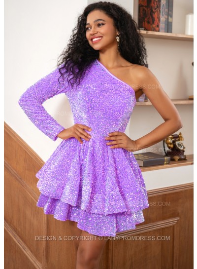 Lilac One Shoulder Long Sleeve Sequins Pink Short Party Dresses
