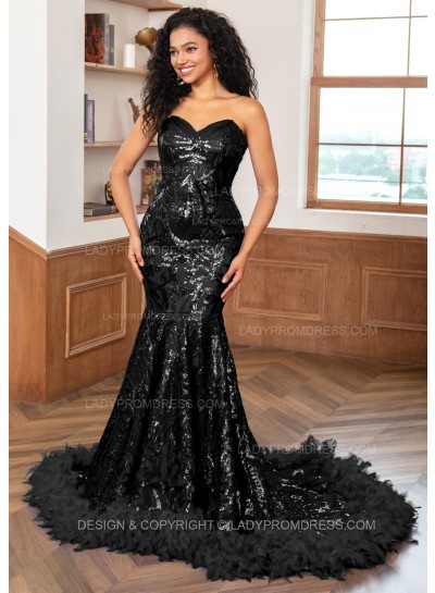 Black Sweetheart Sequence Lace Zip Long Prom Dresses With Feathers
