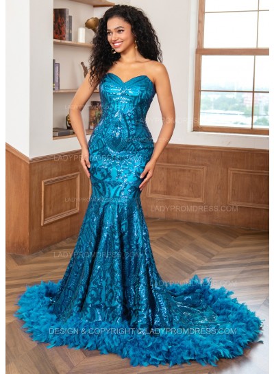 Blue Sweetheart Sequence Lace Zip Long Prom Dresses With Feathers