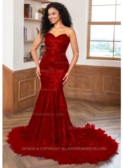 Burgundy Sweetheart Sequence Lace Zip Long Prom Dresses With Feathers