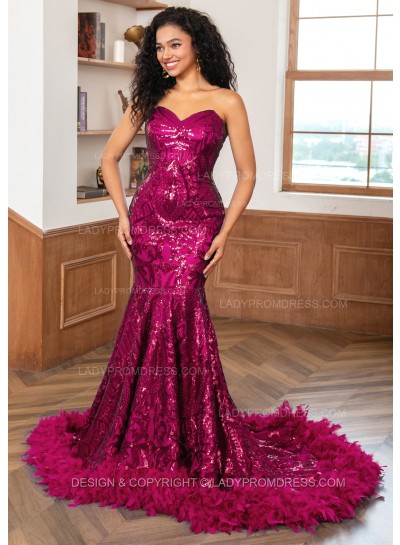 Fuchsia Sweetheart Sequence Lace Zip Long Prom Dresses With Feathers