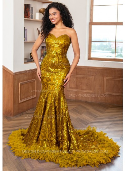 Gold Sweetheart Sequence Lace Zip Long Prom Dresses With Feathers