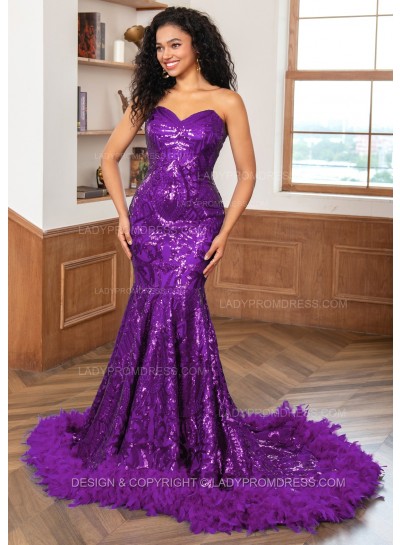 Grape Sweetheart Sequence Lace Zip Long Prom Dresses With Feathers
