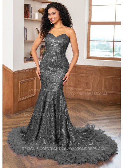 Grey Sweetheart Sequence Lace Zip Long Prom Dresses With Feathers