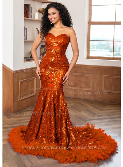 Orange Sweetheart Sequence Lace Zip Long Prom Dresses With Feathers