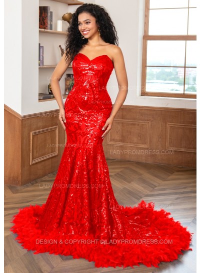 Red Sweetheart Sequence Lace Zip Long Prom Dresses With Feathers