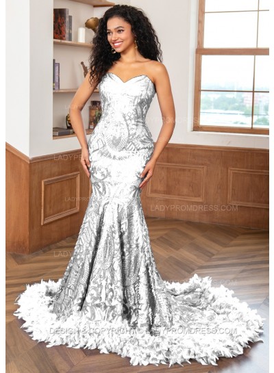 White Sweetheart Sequence Lace Zip Long Prom Dresses With Feathers