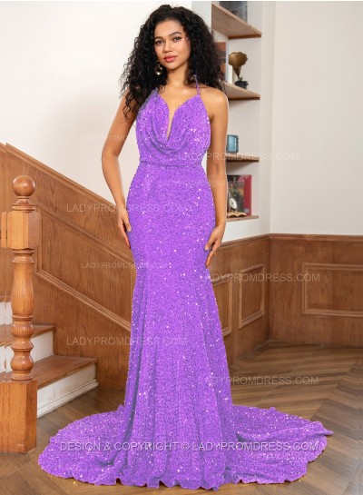Lilac Mermaid Sequins Spaghetti Straps Sleeveless Floor-Length Prom Dresses
