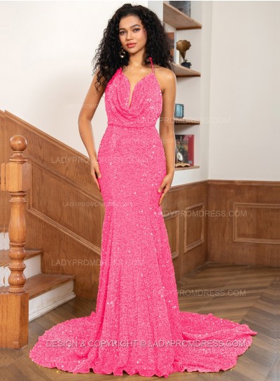Pink Mermaid Sequins Spaghetti Straps Sleeveless Floor-Length Prom Dresses