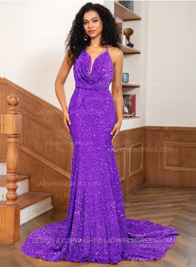 Purple Mermaid Sequins Spaghetti Straps Sleeveless Floor-Length Prom Dresses