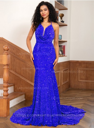 Royal Blue Mermaid Sequins Spaghetti Straps Sleeveless Floor-Length Prom Dresses