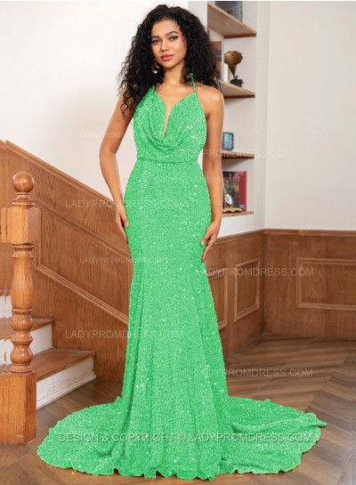 Sage Mermaid Sequins Spaghetti Straps Sleeveless Floor-Length Prom Dresses