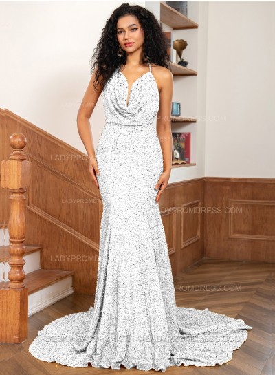 White Mermaid Sequins Spaghetti Straps Sleeveless Floor-Length Prom Dresses