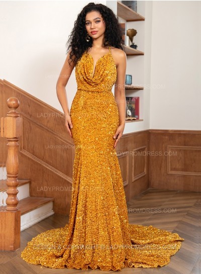 Gold Mermaid Sequins Spaghetti Straps Sleeveless Floor-Length Prom Dresses