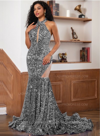 Grey Sequence Long Scoop Long Sheath Prom Dresses 2024