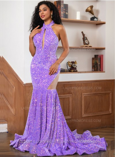 Lilac Sequence Long Scoop Long Sheath Prom Dresses 2024