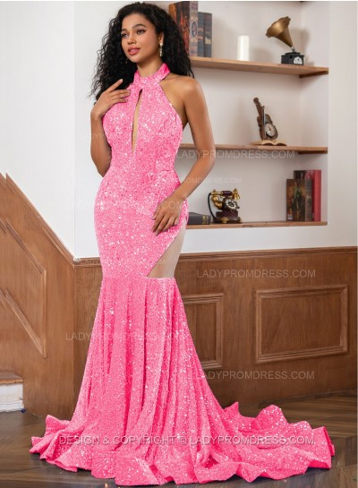 Pink Sequence Long Scoop Long Sheath Prom Dresses 2024