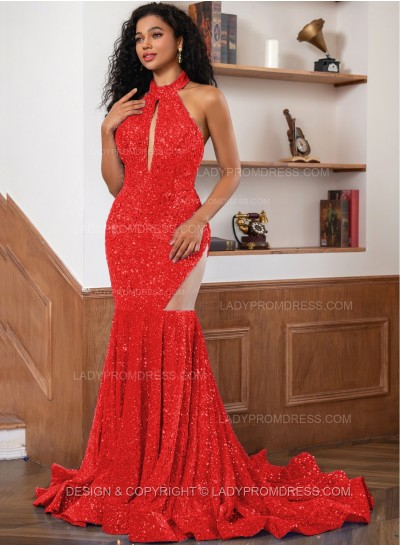 Red Sequence Long Scoop Long Sheath Prom Dresses 2024
