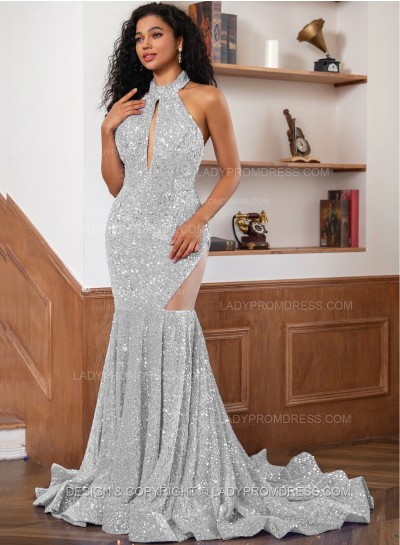 Silver Sequence Long Scoop Long Sheath Prom Dresses 2024