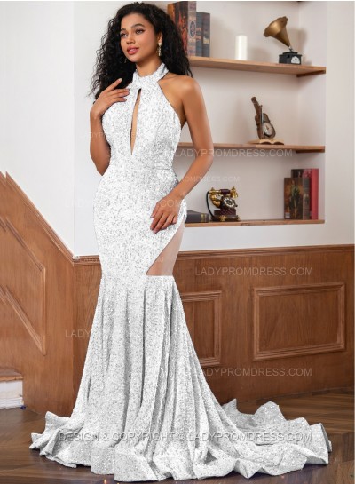 White Sequence Long Scoop Long Sheath Prom Dresses 2024