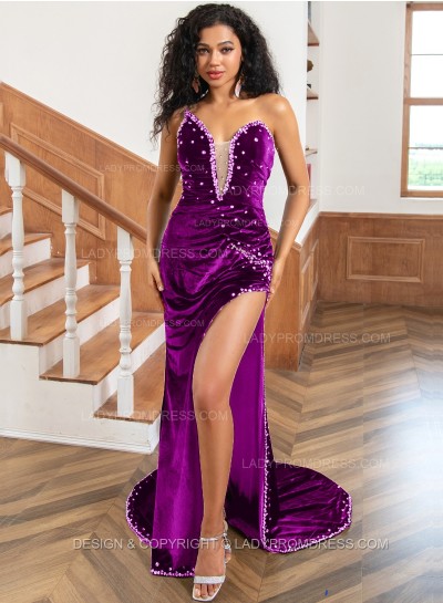 Purple Velvet Sweetheart Ruffles Beaded Long Side Slit 2024 Prom Dresses