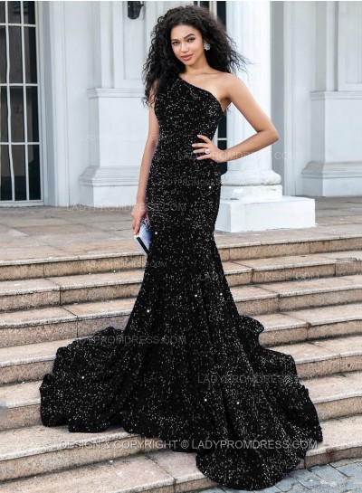 Black Mermaid Sequence One Shoulder Long Prom Dresses 2024