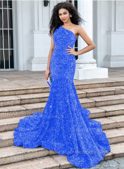 Blue Mermaid Sequence One Shoulder Long Prom Dresses 2024