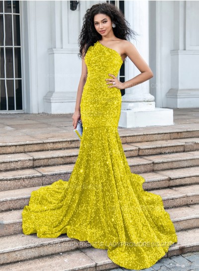 Daffodil Mermaid Sequence One Shoulder Long Prom Dresses 2024