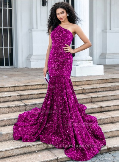 Fuchsia Mermaid Sequence One Shoulder Long Prom Dresses 2024