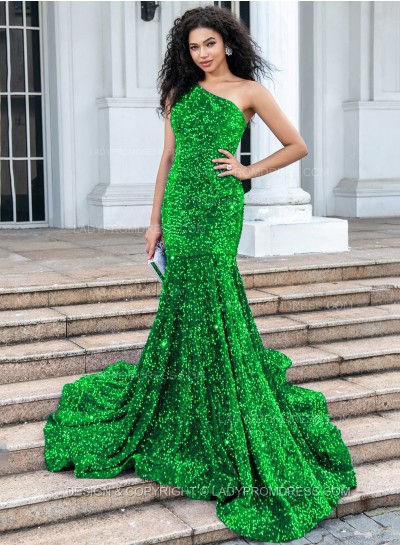 Green Mermaid Sequence One Shoulder Long Prom Dresses 2025