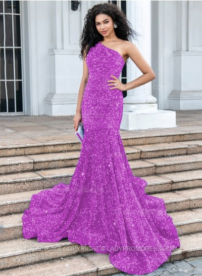 Lilac Mermaid Sequence One Shoulder Long Prom Dresses 2024