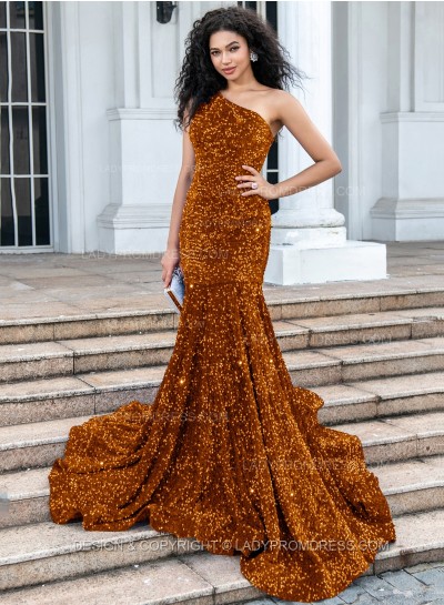 Orange Mermaid Sequence One Shoulder Long Prom Dresses 2025