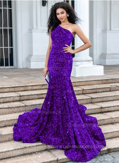 Purple Mermaid Sequence One Shoulder Long Prom Dresses 2024