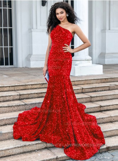 Red Mermaid Sequence One Shoulder Long Prom Dresses 2024