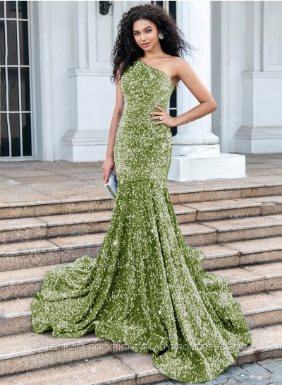 Sage Mermaid Sequence One Shoulder Long Prom Dresses 2024